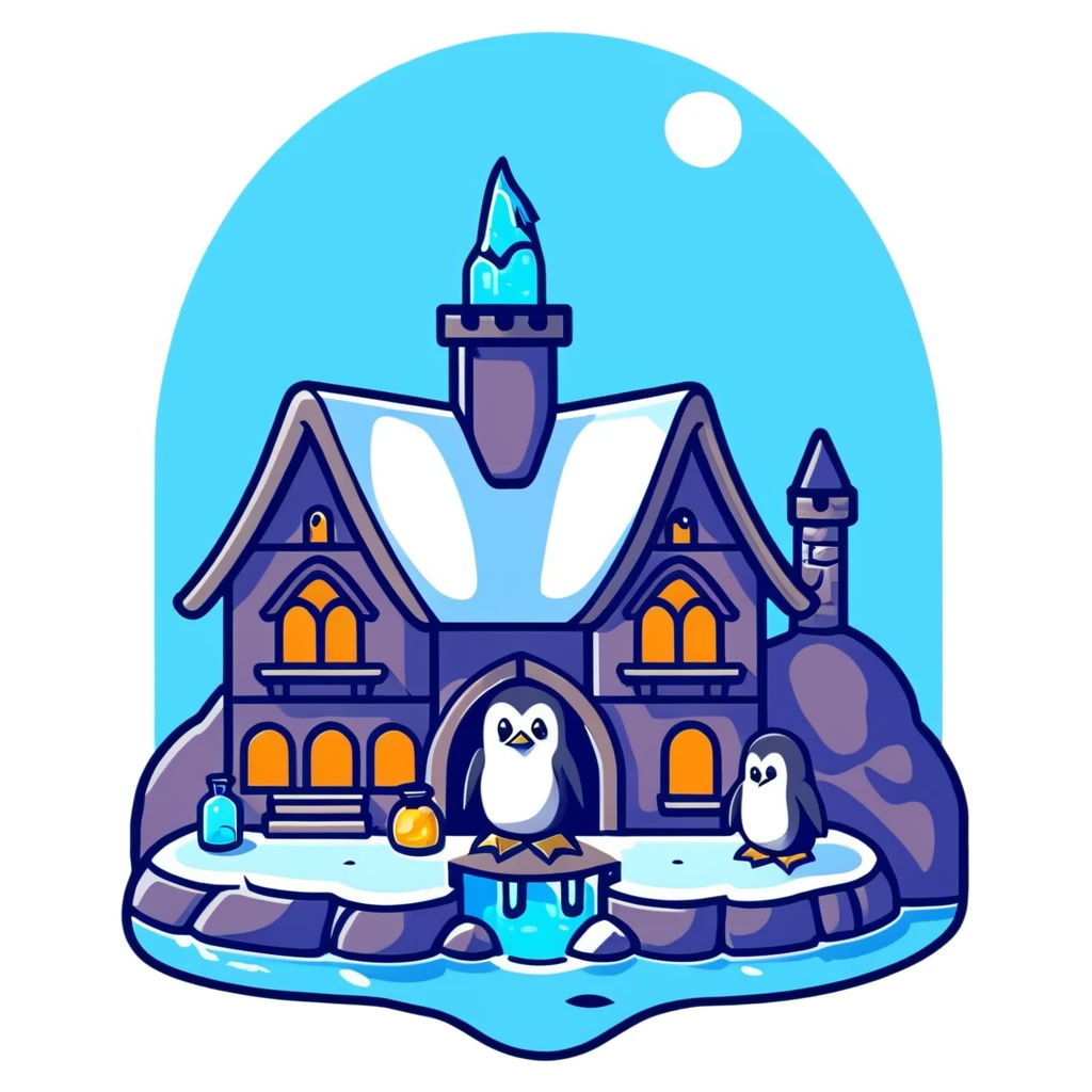 Cozy wizard's cottage for a penguin, ice cave with magical blue glow and potion bottles emoji
