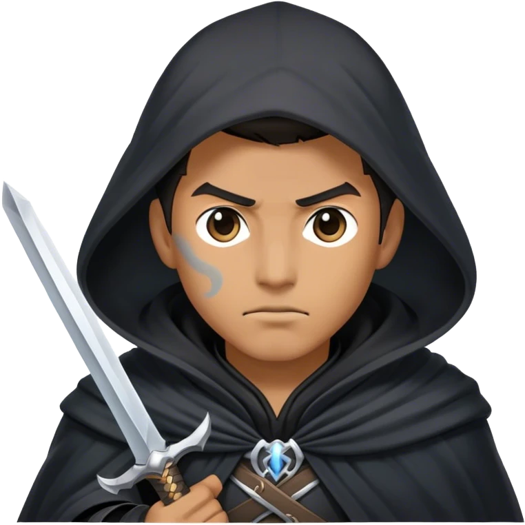 A mysterious swordsman in a black cloak, mist swirling around him emoji
