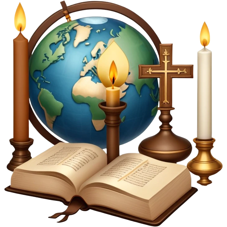 An icon featuring a holy book, a candle, and a cross, symbolizing religious studies. The design includes a globe with various religious symbols: a crescent moon and star (Islam), a lotus flower (Buddhism), representing global belief systems. Transparent background. emoji