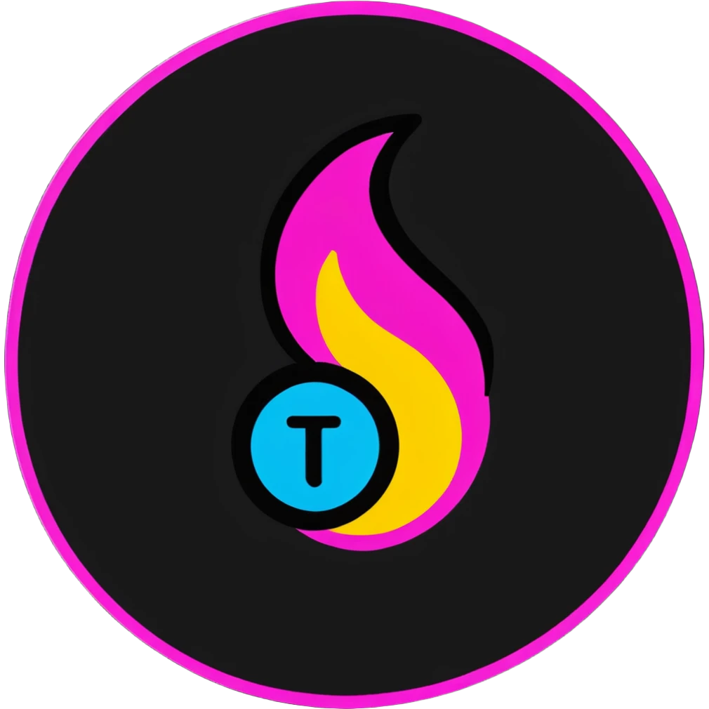 Minimalist sticker with white 'tt' letters on a black circle with cyan, magenta, and yellow dots below, fire emoji with street style influence emoji