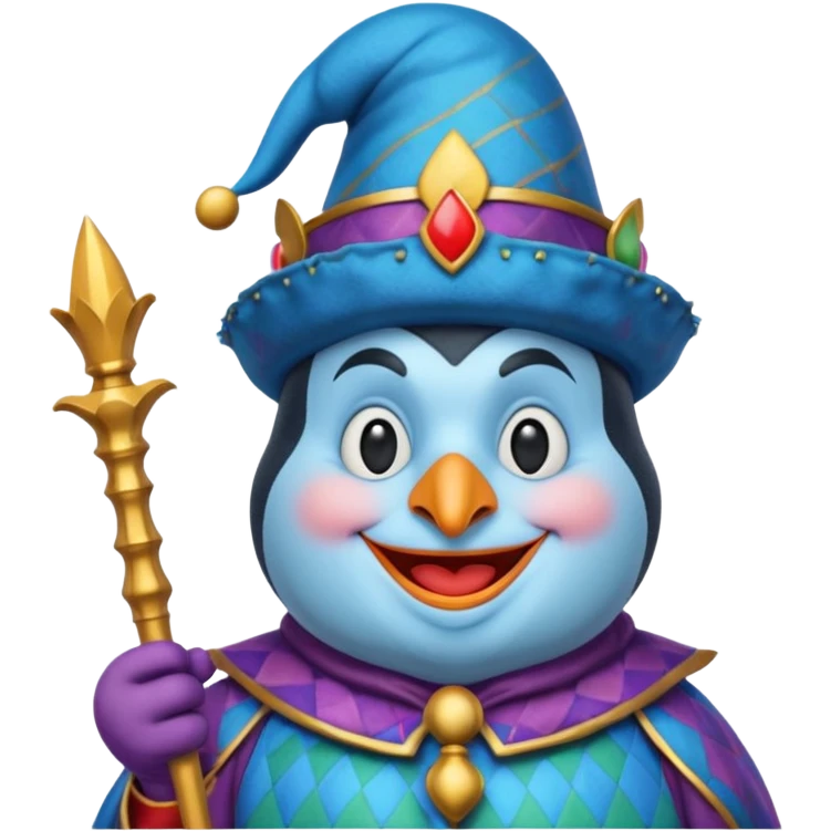 crazy colorful pudgy penguin jolly joker, medieval, vintage, court jester, mac os icon, blue color emoji