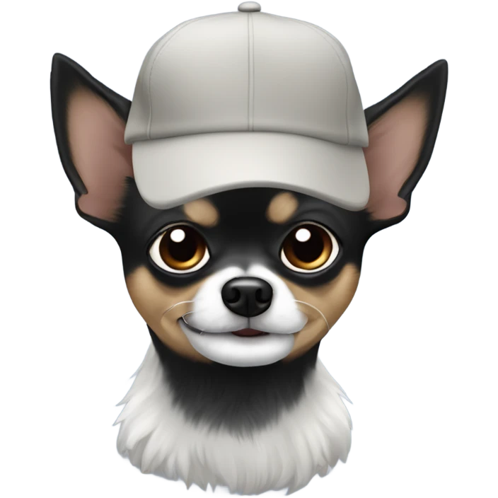 Old man with blue eyes goatee beard ball cap holds cute black long fur Chihuahua emoji