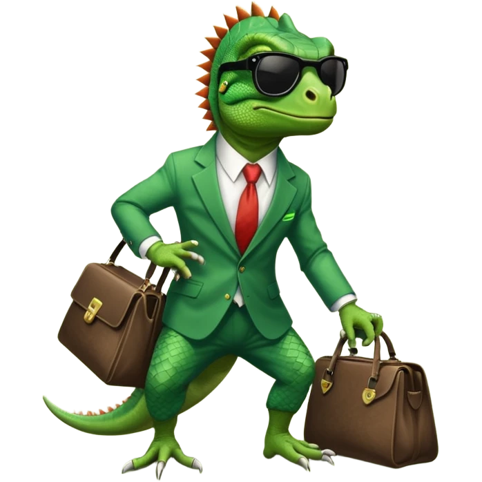 capitalist iguana banker godfather with black sunglasses breakdance with bag emoji