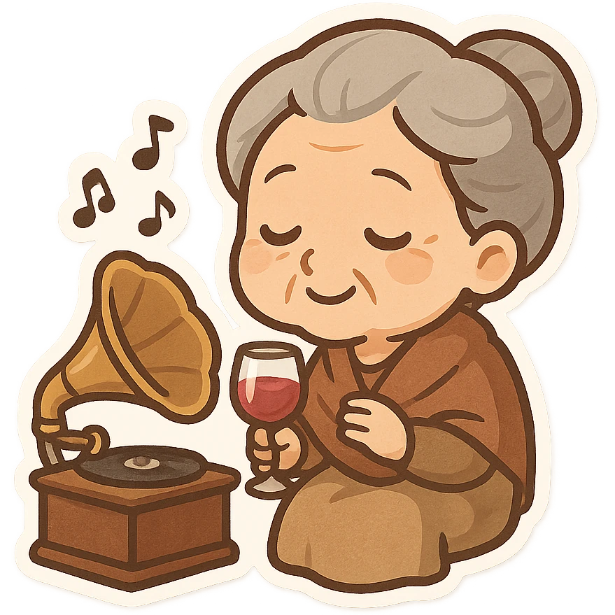 old lady with wineglass listening to gramophone emoji