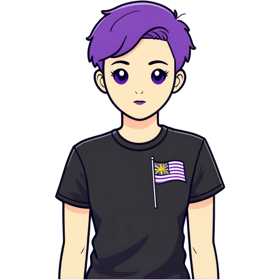 Androgynous person with short purple hair wearing a non-binary flag T-shirt  emoji