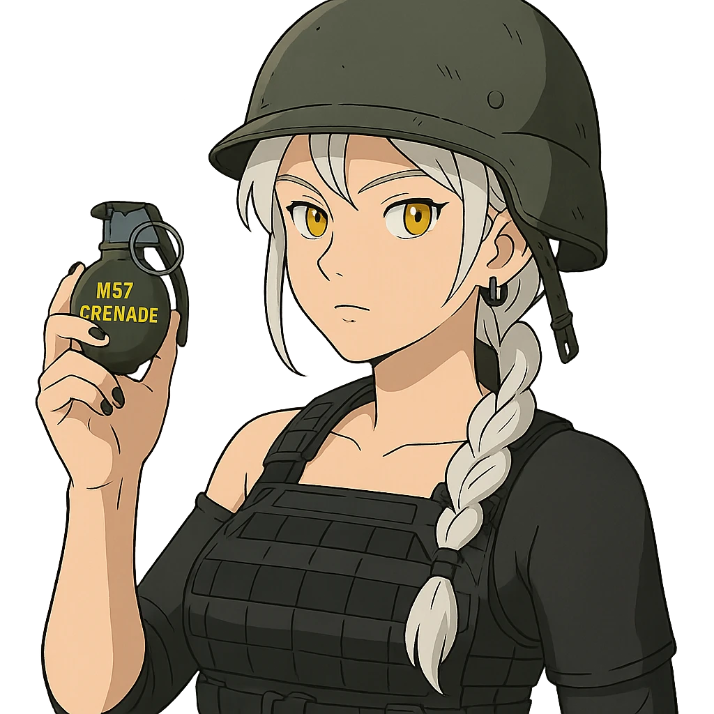  a closeup portrait of young woman with gold yellow eyes, white hair, long braid, black off-shoulder top d-cup, punk gothic style, futuristic cyberwave cyberpunk,  she has a plate carrier armor vest , and a old-style steel bulletproof combat helmet. holding up a m67 hand grenade  emoji