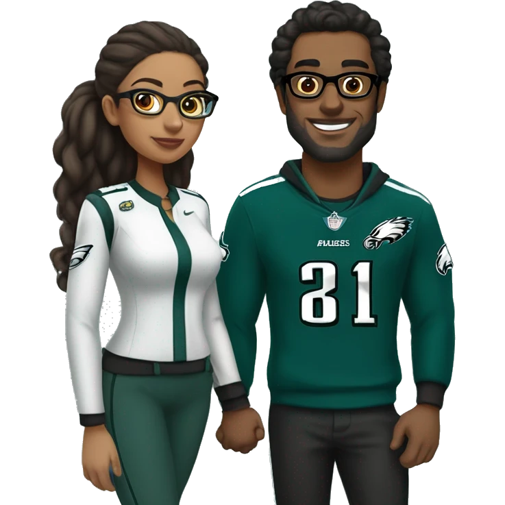 Brown guy and brown girl with glasses and hair in a bun in Philadelphia eagles clothes holding hands emoji