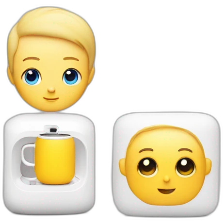 skinny white kid with shaven hair sitting next to two HomePods one of them is yellow emoji