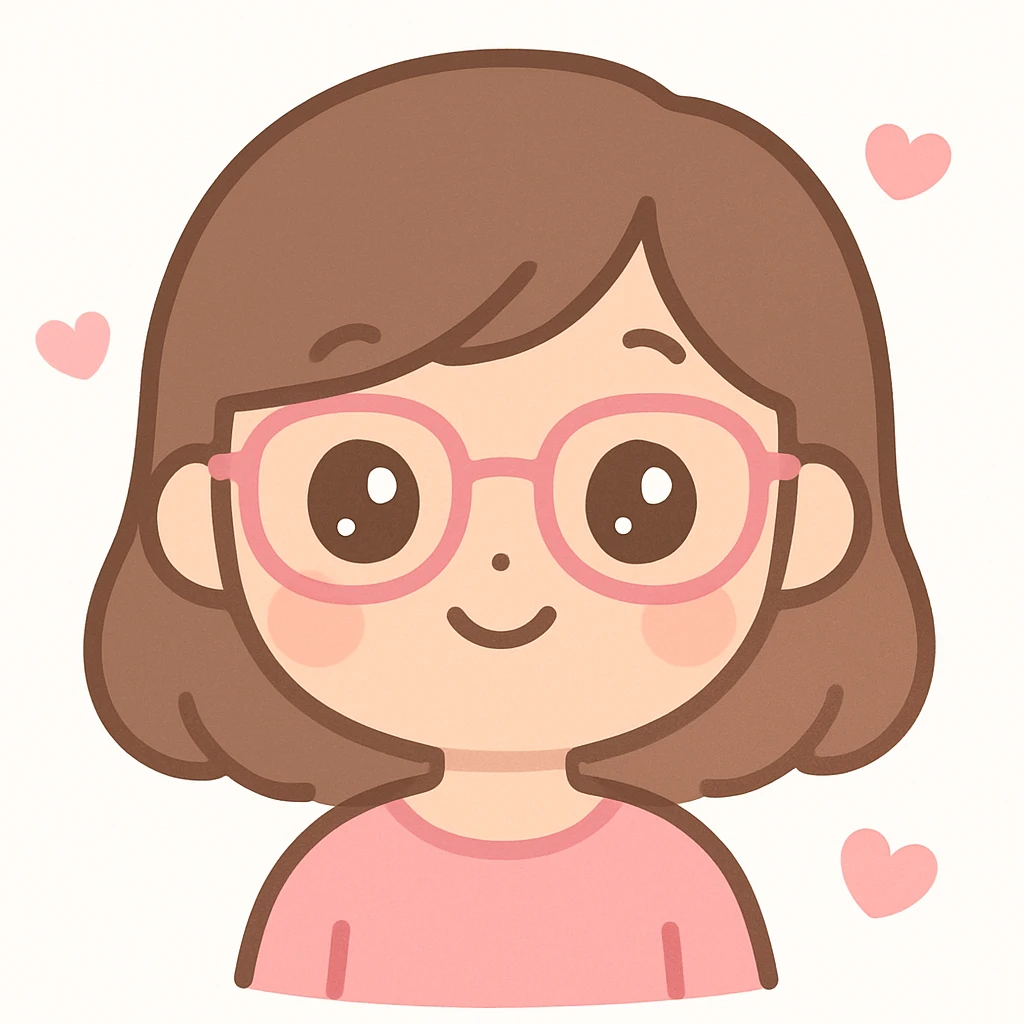 girl with medium brown hair and brown eyes, wearing pink glasses, cute cartoon style emoji