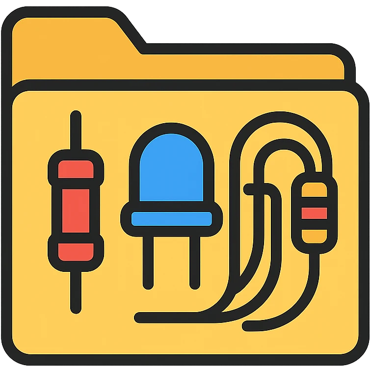 folder icon containing electric parts inventory with visible components like resistors, capacitors, and wires emoji