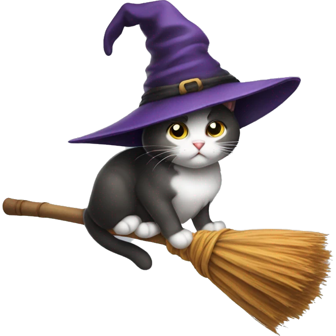 Cat wearing witch hat, sitting on a broom stick emoji