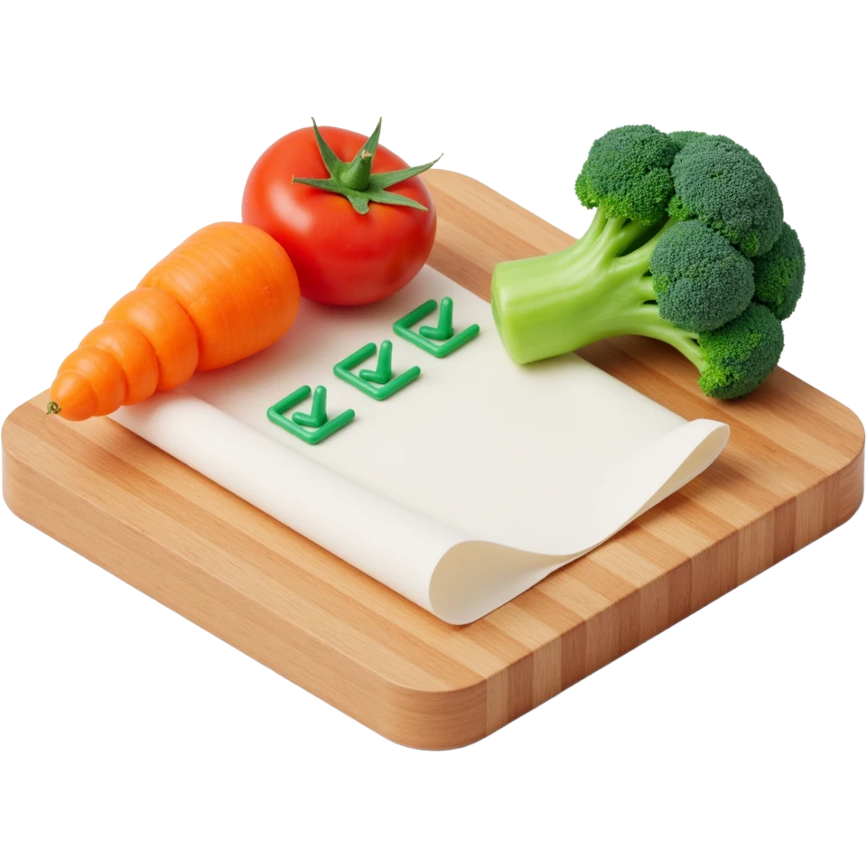 carrot tomato brocoli on the wooden cutting board with floating rolled paper list with green checkboxes emoji
