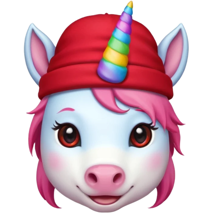 unicorn face cute wearing cute red hat, horn piercing through the hat looking in the camera emoji