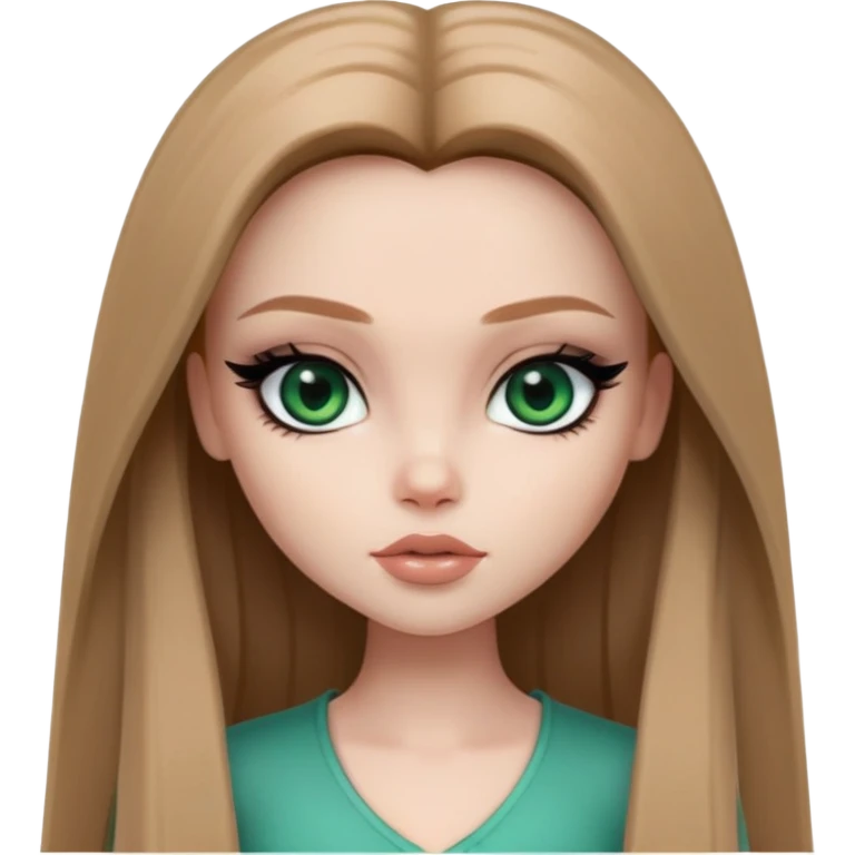 pretty bratz girl, long straight light brown hair, jade green eyes, black eyeliner, pale skin, dark feminine aesthetic emoji