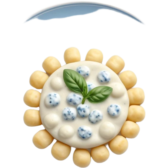 Gnocchi al Gorgonzola cream on a very elegant light grey and light blue porcelain plate emoji