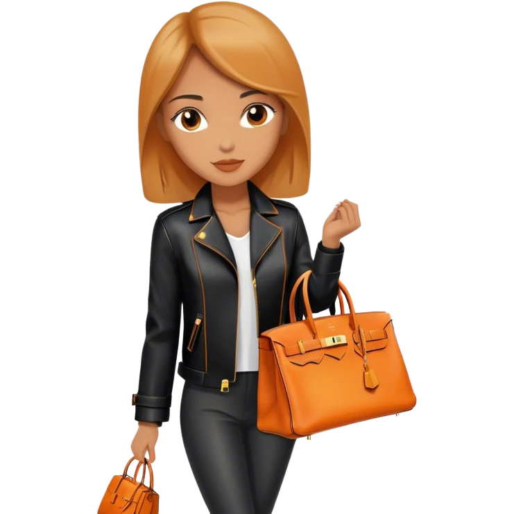 Beautiful woman wearing a leather Hermes jacket and carrying an orange Hermes Birkin Bag. I want the image to be close up.  emoji
