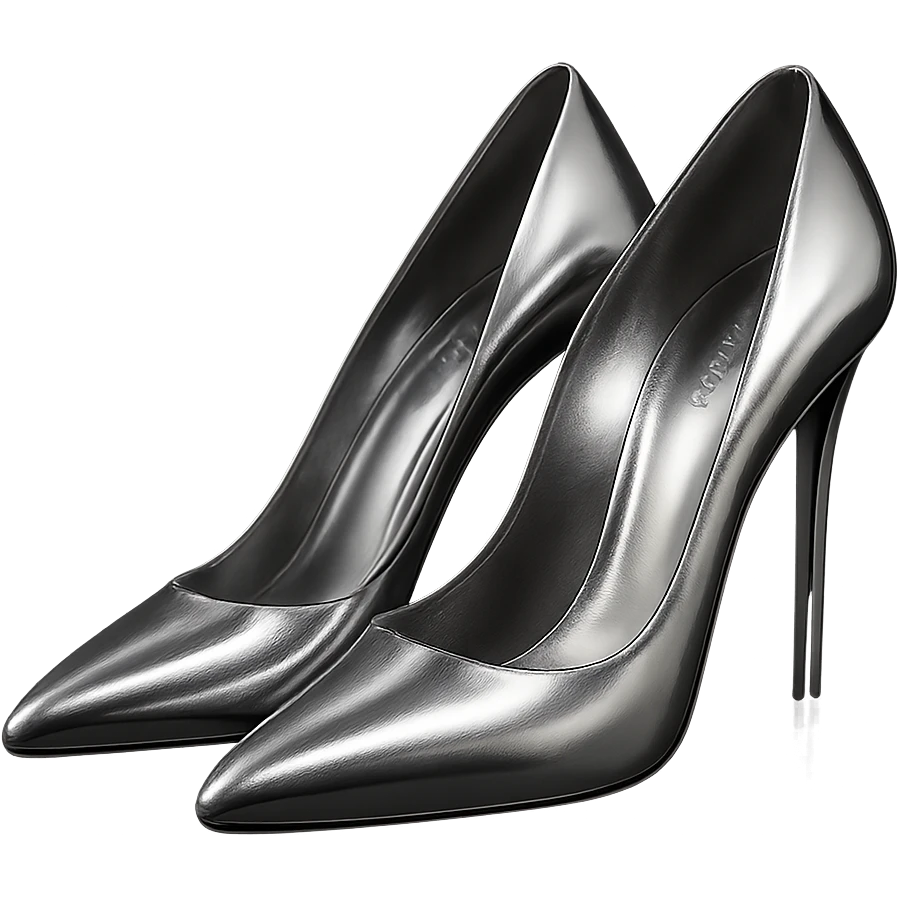 Bottega Veneta high-heeled shoes in 3D chrome style, glossy and reflective, elegant, simple background emoji