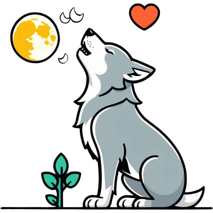 A big wolf howling at a heart shaped moon because it’s in love with the heart shaped moon, but the wolf doesn’t look friendly emoji