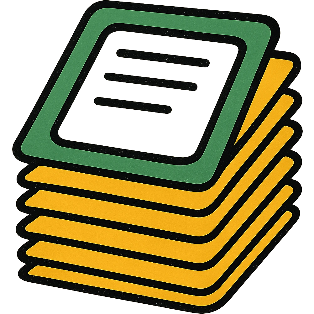 Make the stack of papers taller with a modern look. Use a green, gold, and white color scheme. The shapes should be rounded and the design simple, with no background. emoji