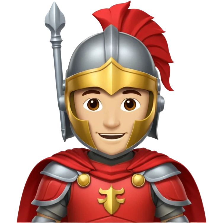 A friendly Trojan warrior mascot with a large cartoon-style head, wearing a silver helmet with a red crest and black cheek guards. confident smile. The character wears dark armor with metallic details and a bright yellow cape emoji