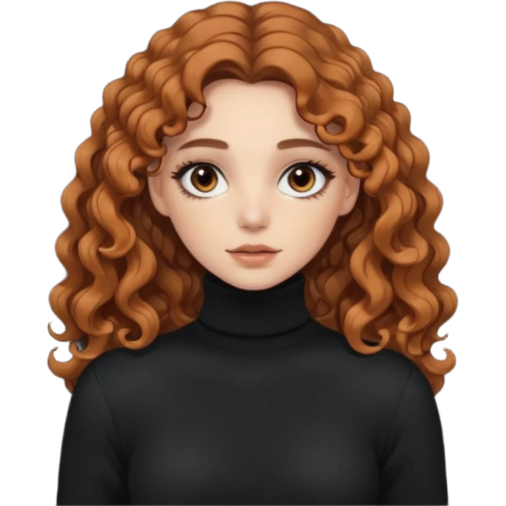 aesthetic white girl with brown long curly hair and black eyes  , black turtle neck sweater top emoji