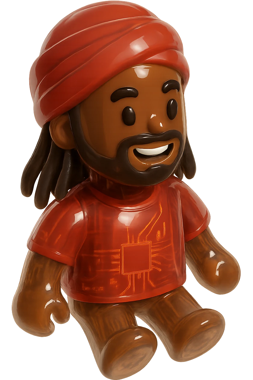 Brownskin man with long brown dreadlocks 
red t-shirt 
red turban 
expression is happy emoji