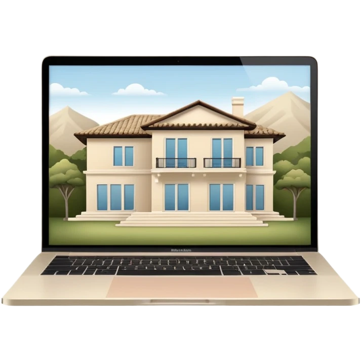 
light beige open macbook sideways with luxury villa on screensaver emoji