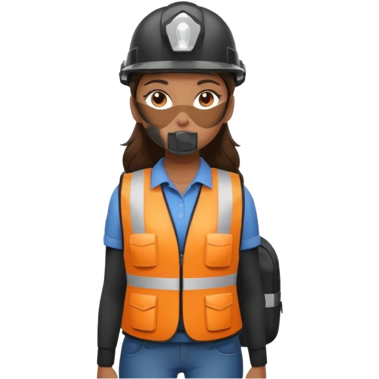 Brunette brown Girl full body standing with her white security helmet and security vest that fits her big on, also with her black backpack emoji