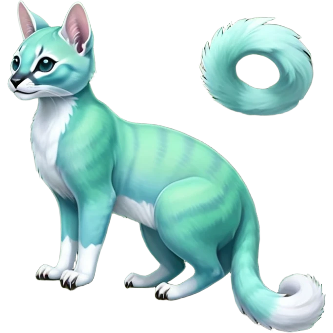 Colorful dark tropical iridescent pale light jade-green, mint-blue, whitish pastel white glorious divine exotic cute cool beautiful shiny beautiful fantasy-caracal-civet-genet-sergal-vernid-Cacomistle-Trico-oncilla-animal-Fakémon-hybrid-fursona (full body) emoji