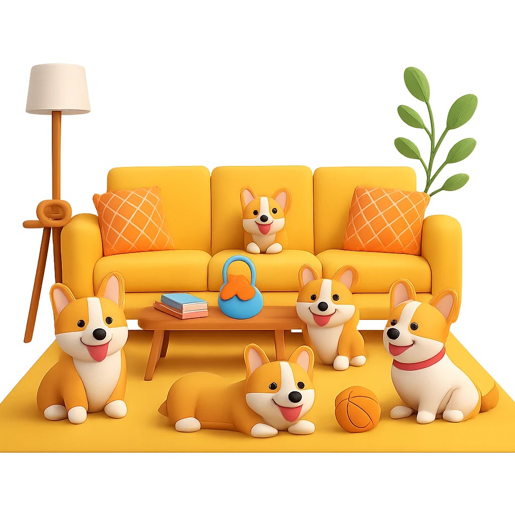Change the dog family to a corgi breed, keep the cheerful living room scene, in the style of 3D emoji style, with no background. emoji