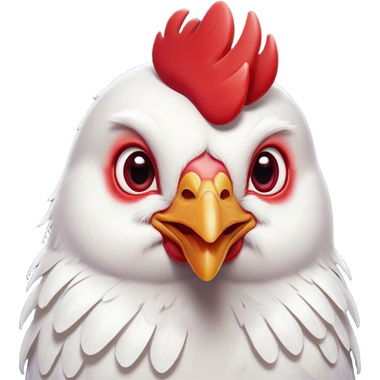 Cinematic Cute White Chicken Portrait Emoji, Head tilted playfully and inquisitively, featuring smooth, immaculate white feathers and a delicate red comb, round, sparkling beady eyes filled with curiosity, Simplified yet irresistibly adorable features, highly detailed, glowing with a warm, friendly glow, high shine, affectionate and lively, stylized with a touch of farmyard whimsy, bright and endearing, soft glowing outline, capturing the essence of a mischievous yet loving chicken, so playful it feels like it could peck out of the screen and into your arms! emoji