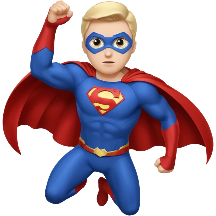 flying superhero in a blue suit with a developing cape emoji