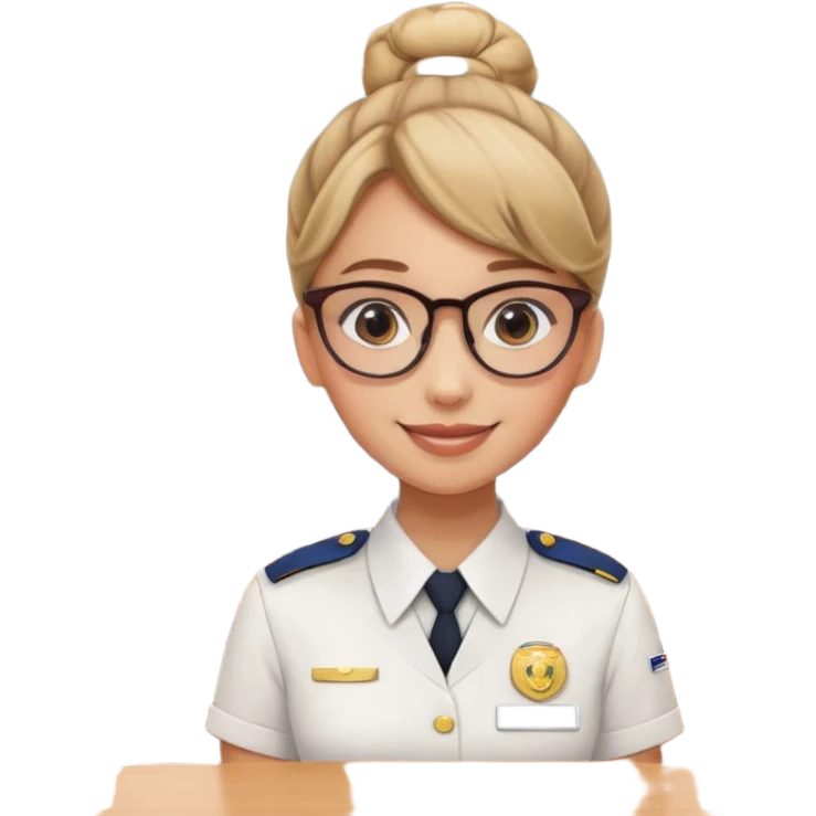 Reception Young girl, bun hair, wearing uniform of reception with hotel name badge, glasses, stand behind the desk

 emoji
