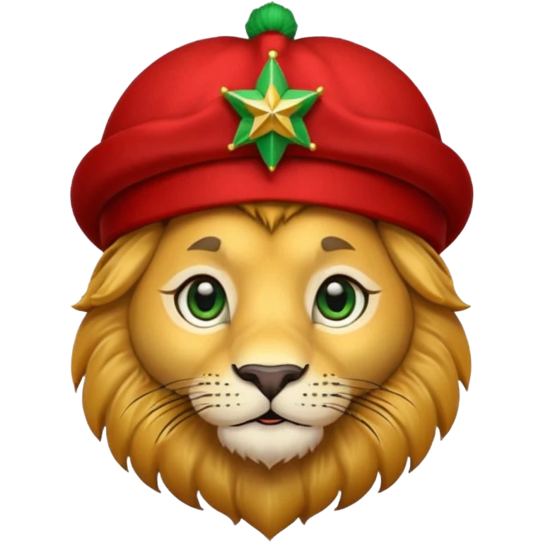 Cute lion face emoji with golden fur, big round eyes, and a friendly expression. Wearing a red Moroccan fez hat with a green star on the front and a small black tassel on the side emoji