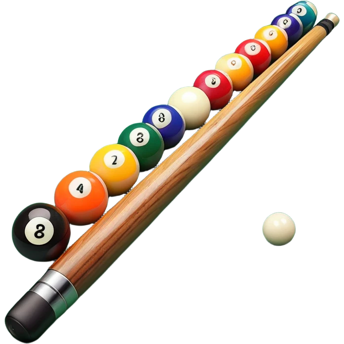 A close-up of a pool cue aimed at a set of colorful billiard balls resting on a green felt table. The focus is on the cue stick and the arrangement of balls, with subtle details of the game’s texture and atmosphere, emphasizing the precision and skill of billiards. emoji