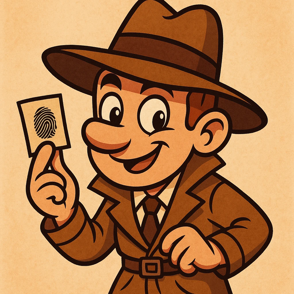 detective character in cartoon style, wearing an oversized hat, playful look, holding a clue emoji