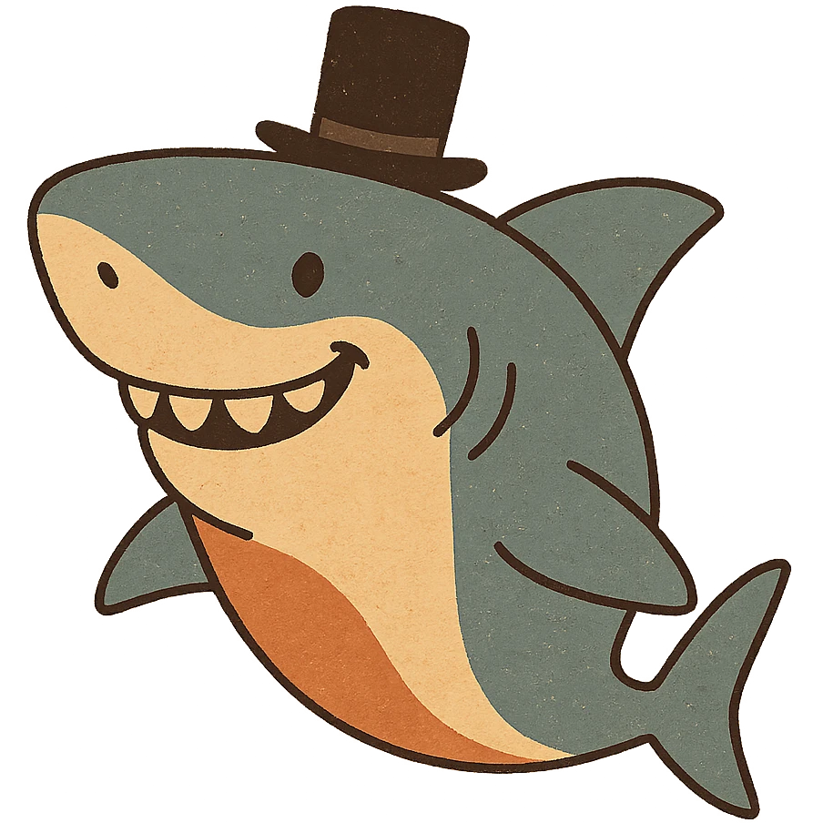 a smiling shark with a black top hat, simple and bold, cartoon style, colorful, expressive emoji
