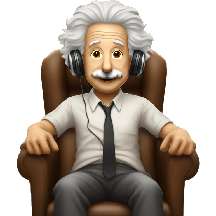 albert einstein happy listening music with just wireless headphones while sitting on the brown chair emoji