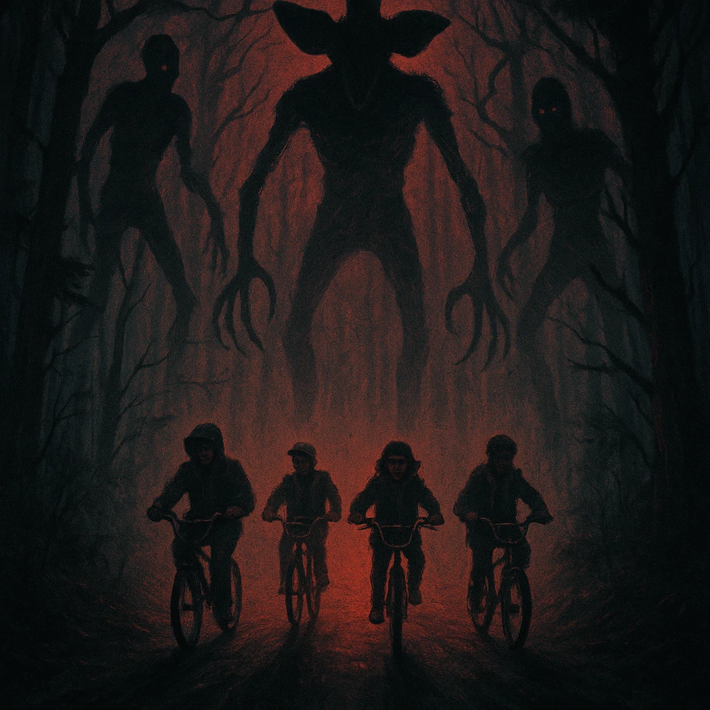 Stranger Things series horror poster style, the kids on bikes riding through a foggy forest with shadowy monsters lurking emoji