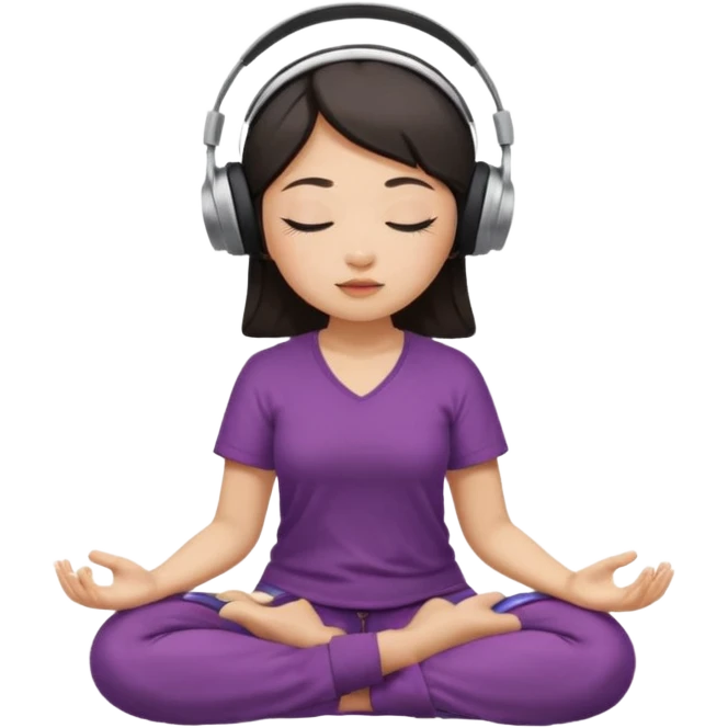 An East Asian woman🧘🏻‍♀️ is sitting cross-legged in a meditation pose, wearing Apple headphones🎧 and listening to music. The song is so beautiful that she has her eyes closed and tears streaming down her face. emoji