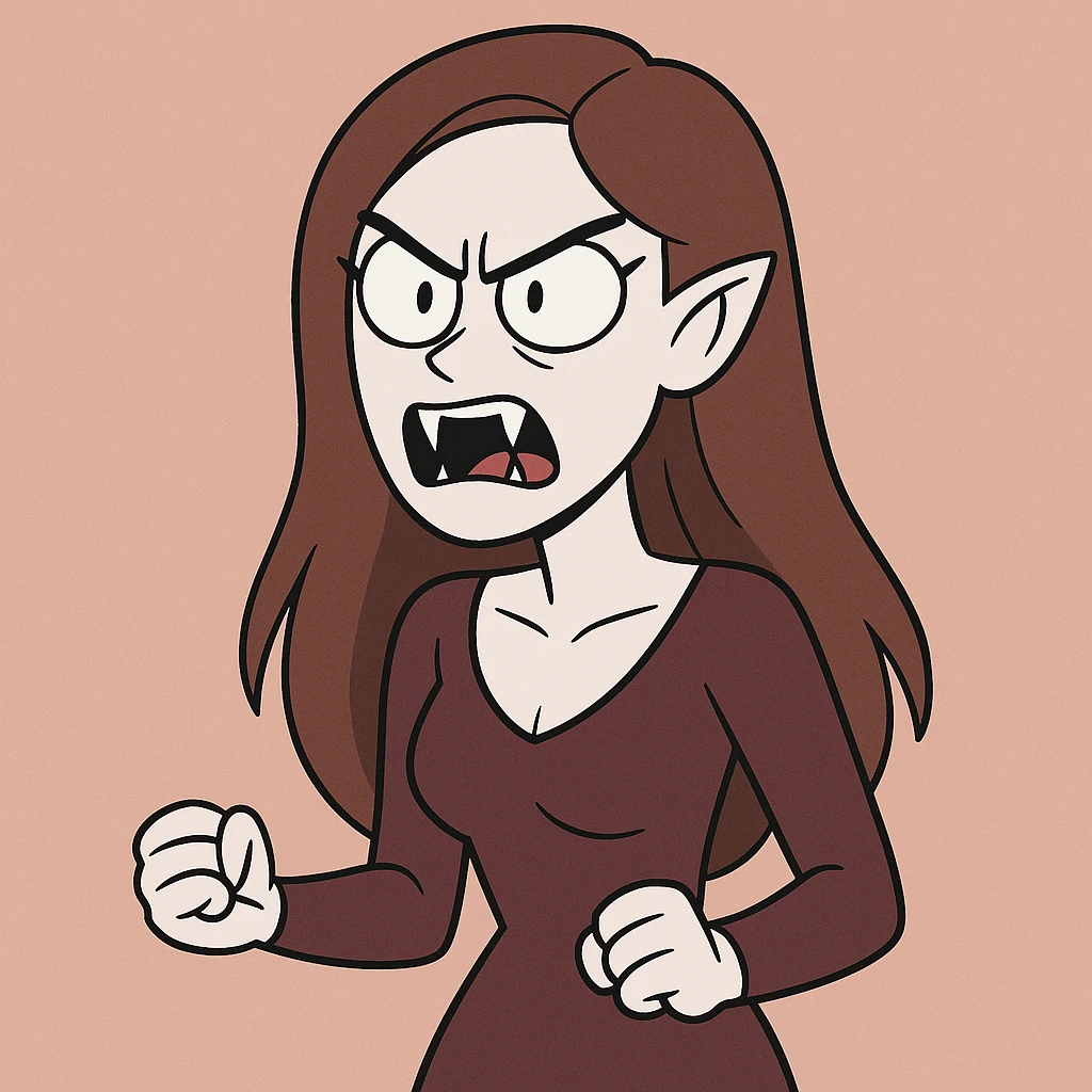 vampire woman with pale skin, brown long hair, angry expression, fangs visible, stylized cartoon style emoji