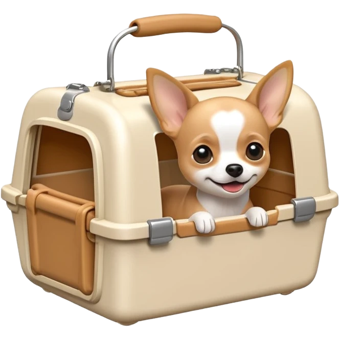 Create a 3D Apple iOS emoji-style icon of a white plastic pet carrier with a tan Chihuahua inside. emoji
