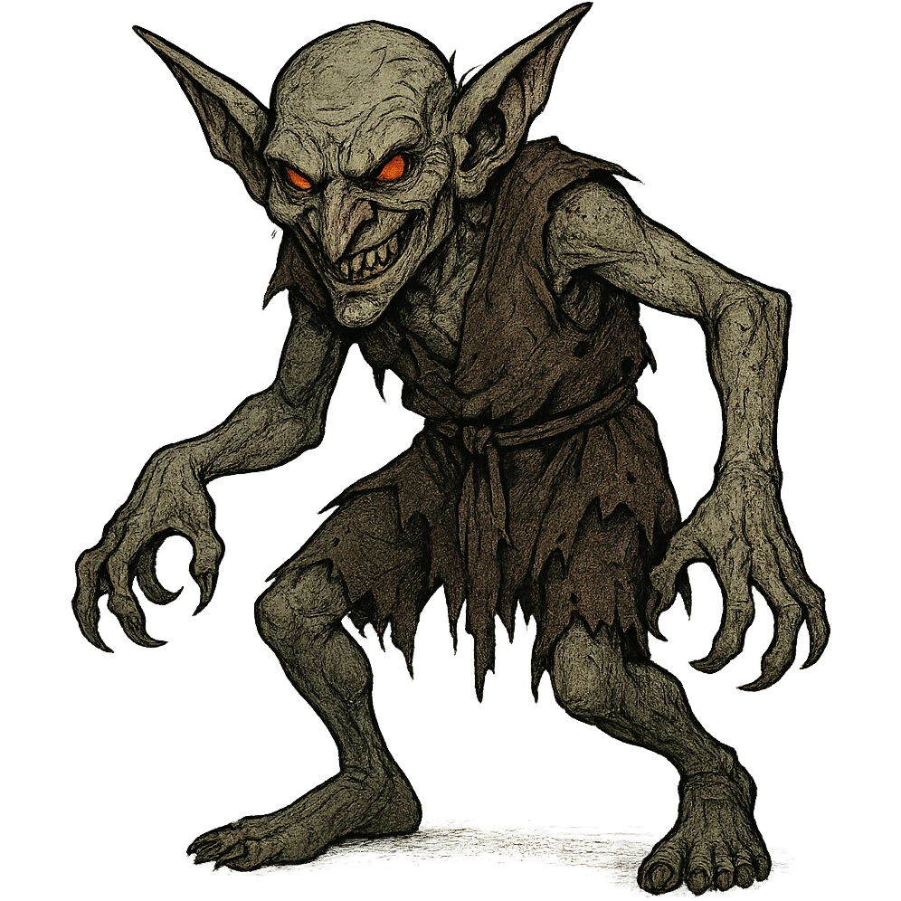 evil goblin, pointy ears, tattered clothes, sinister look emoji