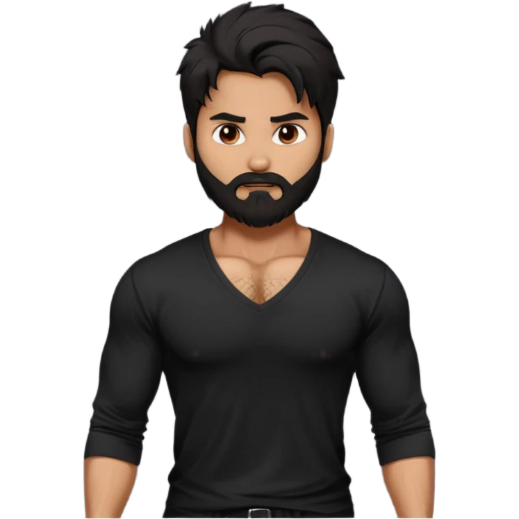 generate a pretty bratz Shahid kapoor with heavy beard and looking angry.
Make him wear a black full sleeve v neck tshirt. muscular but still lean
He shoudl look like shahid kapoor. Long messy black hair emoji