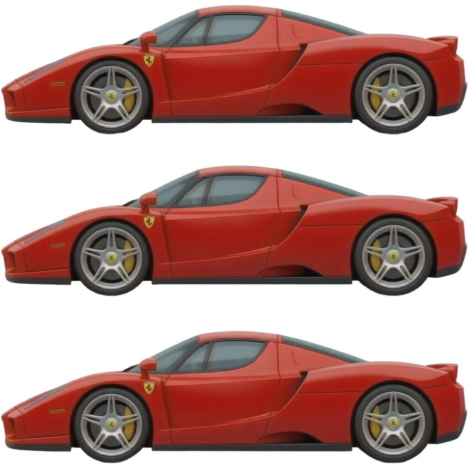 ferrari f enzo, perfect proportions of wheels and tires, front end and rear end and middle of car compressed like a cartoon drawing, exaggerated emoji