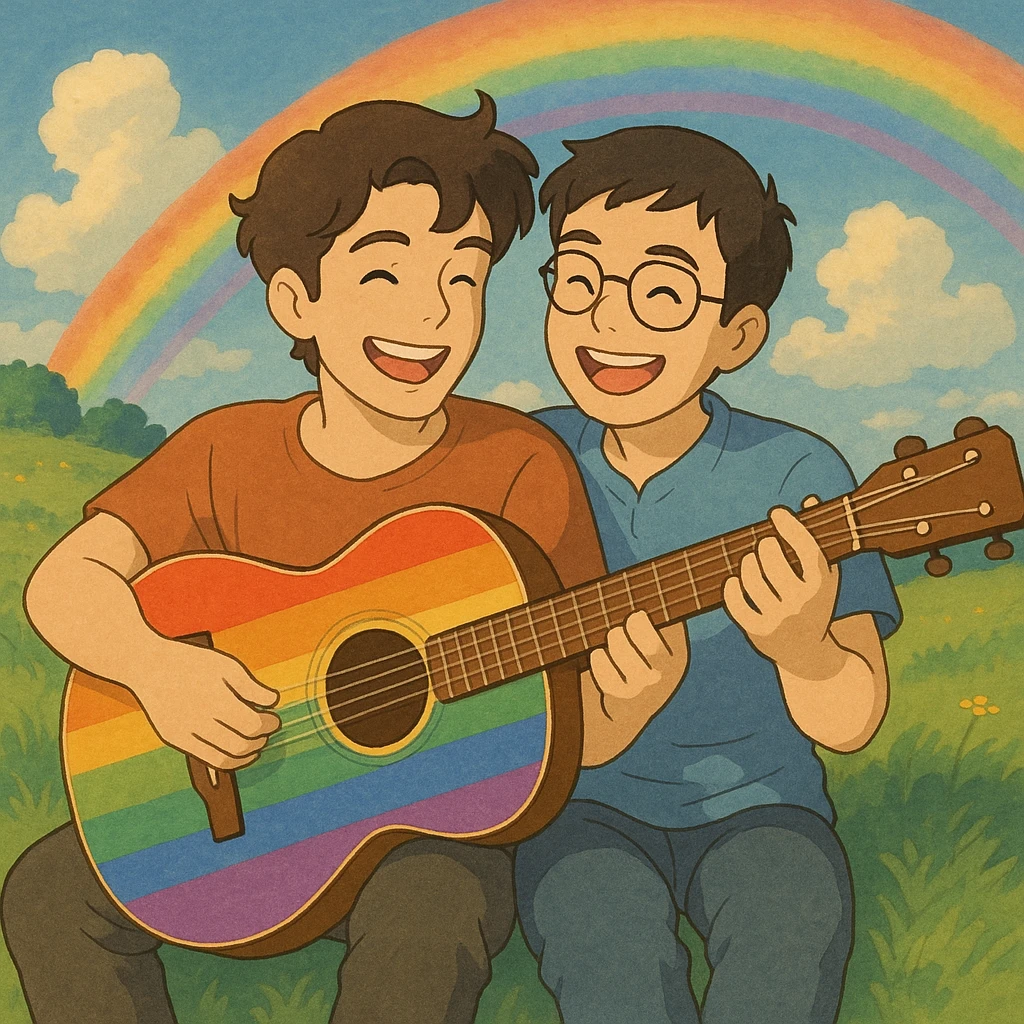 rainbow guitar with a happy gay couple playing it emoji