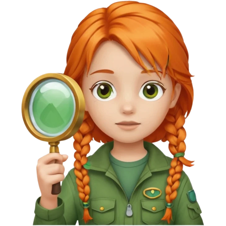 braid orange haired girl kid in green explorer outfit, holding magnifying glass emoji