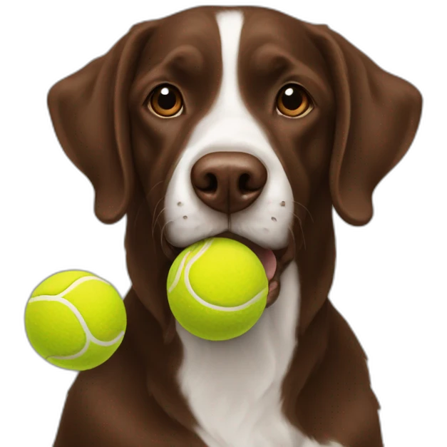 A chocolate colored doodle dog juggling three tennis balls emoji