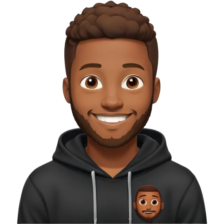African yound man in his late 20s with a  bright smile with a short boxed beard, black hoody in Pixar cartoon style emoji