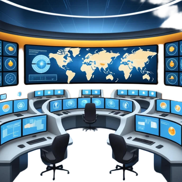 Cinematic mission control center, massive curved video walls with complex telemetry and glowing data visualizations, symmetrical high-tech workstations, dim blue and amber ambient lighting, sharp focus, hyper-realistic, atmosphere of absolute precision. emoji